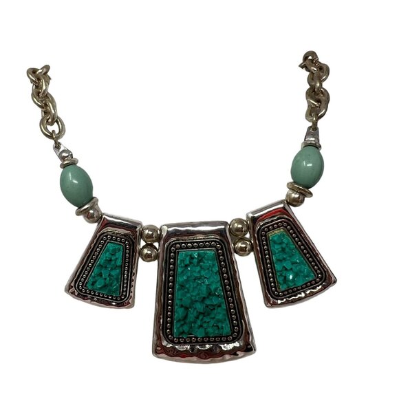 Faux Turquoise Necklace‎ Three Station Statement Hammered Silver Tone - Picture 7 of 7